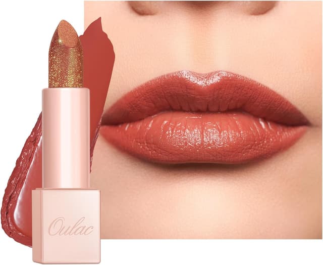 Detalle de OULAC Rossetto Idratanti Finitura Lucida Vegan “09 Fussy” con glitter marrone rossastro