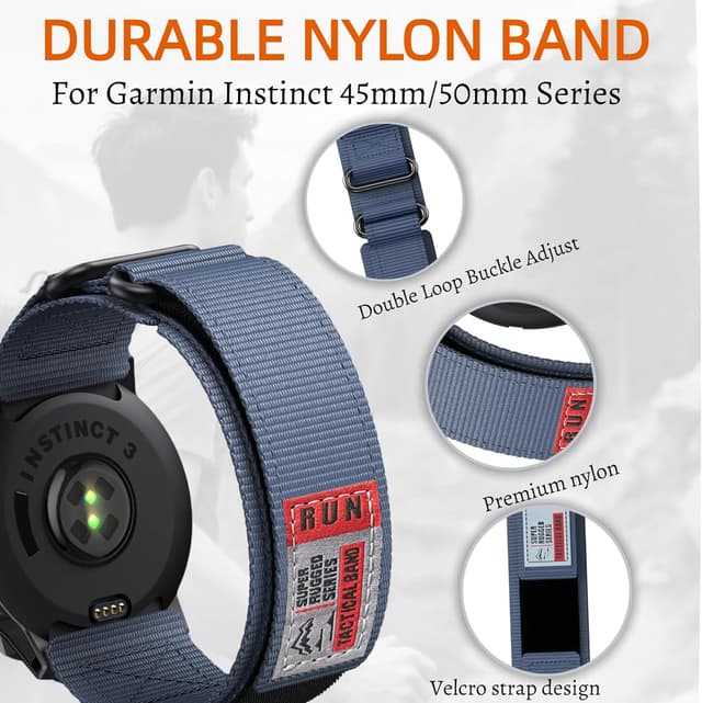 Detalle de Double Loop Buckle Nylon Strap for Garmin Instinct 50mm (Instinct 2X/3, Solar, Tactical, Tide, Esports) — Adjustable Breathable Wristband