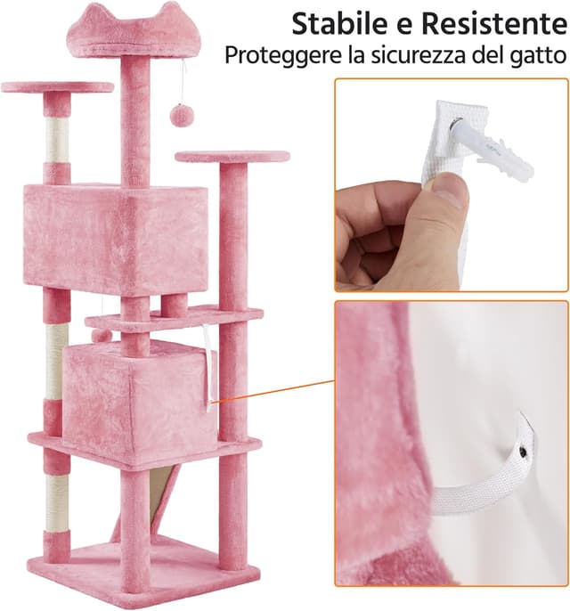 Detalle de Yaheetech Albero Tiragraffi per Gatti 178 cm con 3 Pali Graffiatoi, Grotta e Pompon in Peluche (Rosa)
