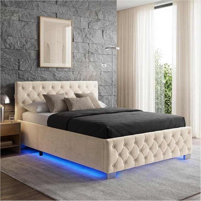 Imagen de tectake® Cama Tapizada Terciopelo con LEDs 215x148 cm en OfertitasTOP