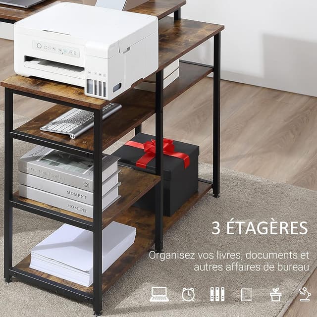 Detalle de HOMCOM Bureau d’angle design industriel avec 3 étagères, panneaux imitation vieux bois et métal noir