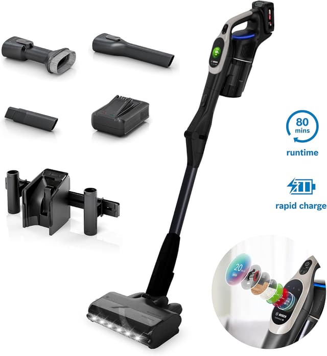 Detalle de Bosch Unlimited 10 BBS1041GGB cordless vacuum cleaner with 80-minute runtime and MicroClean sensor display