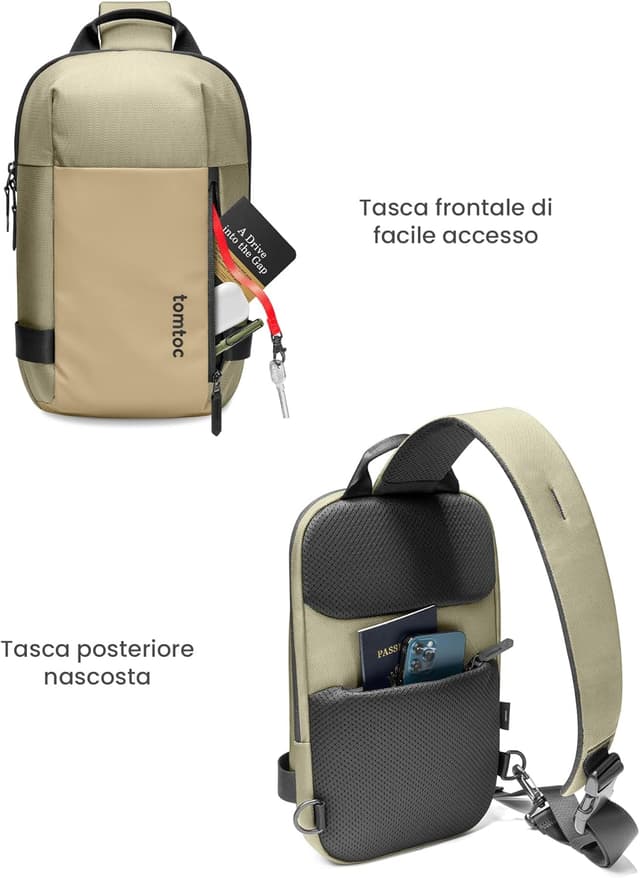 Detalle de tomtoc Compatta EDC Sling Bag minimalista per Nintendo Switch e iPad fino a 11" (Cachi/Verde)
