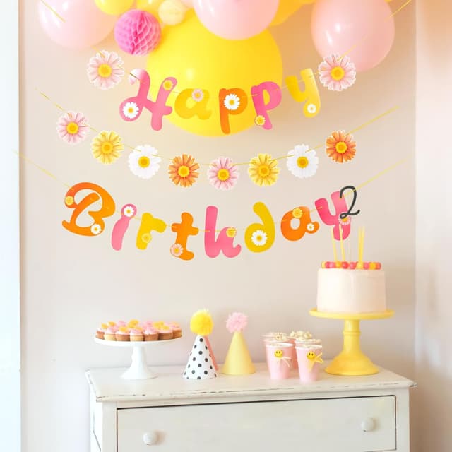 Detalle 2 de SUNBEAUTY 3er Girlande mit Gänseblümchen „Happy Birthday“ – Frühling/Party Banner für Deko