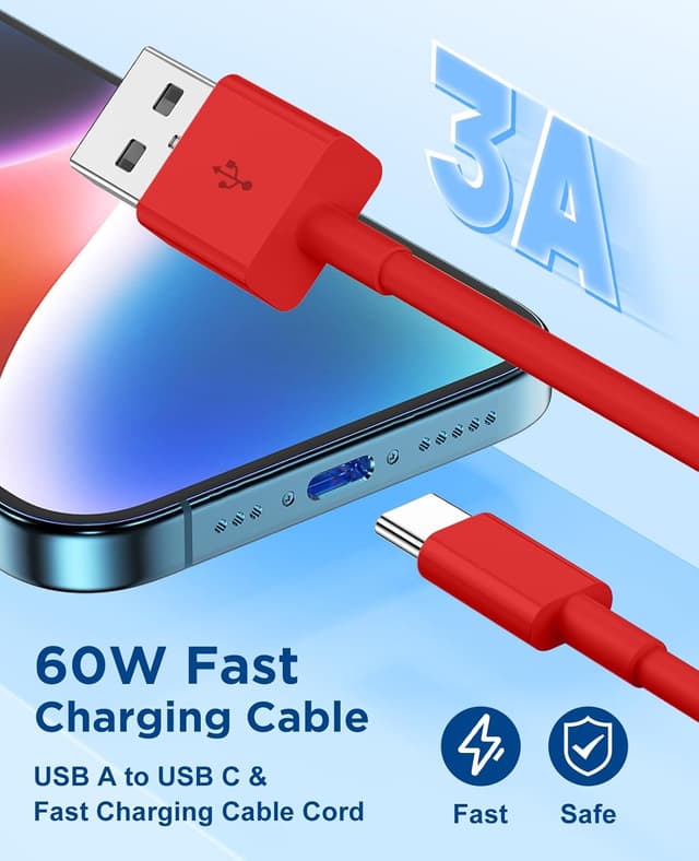 Detalle 2 de Ertra-Long Extra Long USB-C Cable (2-pack, 15ft total) USB-A to USB-C Fast Charging for iPhone, iPad, Samsung, and more (Red)