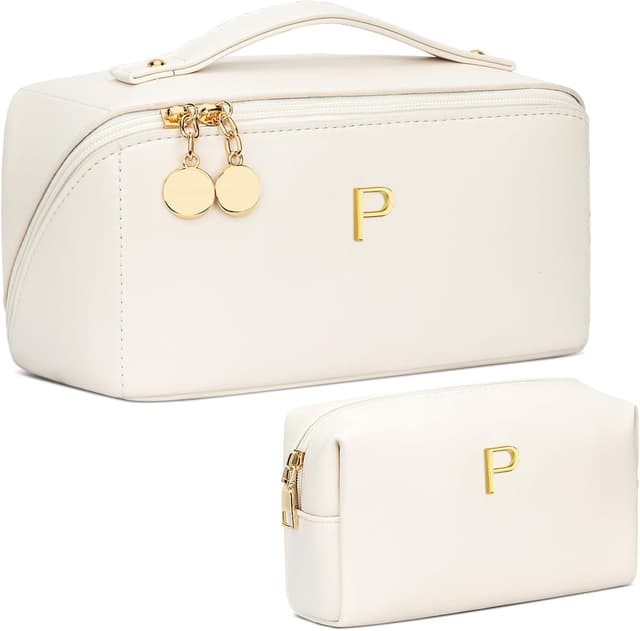 Detalle de CLOUDWINGS Personalized Initial Makeup Organizer Bag Set (Beige) — open-flat travel cosmetic bags with clear divider