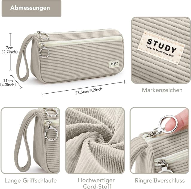 Thumbnail 6 de KALIDI Corduroy Large Pencil Case (21cm) with Hand Strap and 2 Compartments