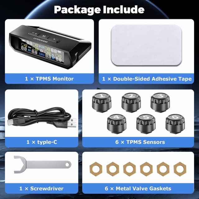 Thumbnail 6 de LET0URWM RV Tire Pressure Monitoring System (TPMS) 2025 Upgrade with 6 Sensors, Solar + USB-C, LCD Display, 0-9.9 BAR / 144 PSI