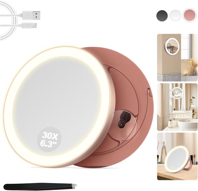 Detalle de MOMOKUBA Vergrößerungsspiegel mit Saugnapf, 30-fach & Beleuchtung (Roségold)