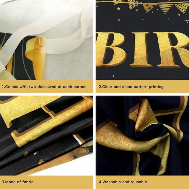Detalle de Large Happy 18th Birthday Decoration Banner (Black and Gold) — Polyester 9.8 x 1.6 ft Photo Backdrop Sign