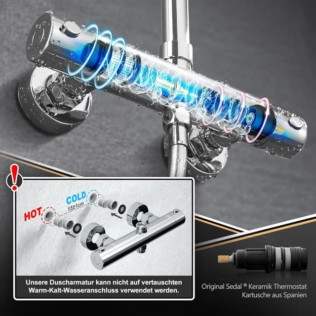 Detalle 2 de JOHO Edelstahl Duschset mit Thermostat, Regendusche 25 cm (D25) und Handbrause