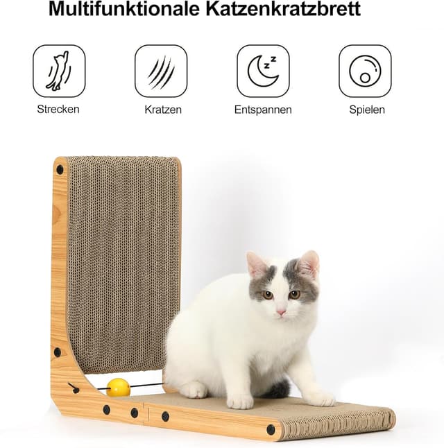 Detalle 2 de FUKUMARU Kratzbrett für Katzen (L-Form, 48 cm hoch) mit Ballspielzeug