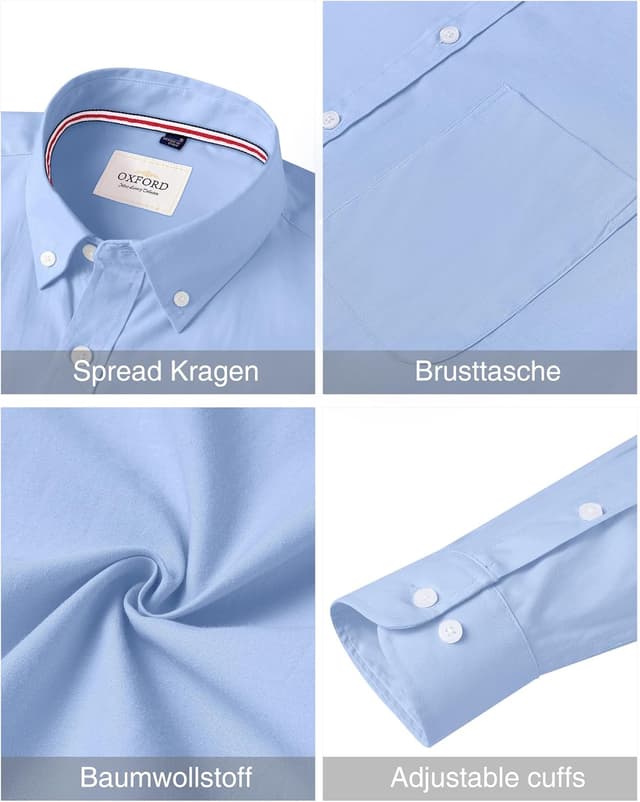 Detalle 2 de J.VER Oxford Herrenhemd bügelfrei Regular Fit (Langarm, Button-down, mit Tasche) aus Baumwolle