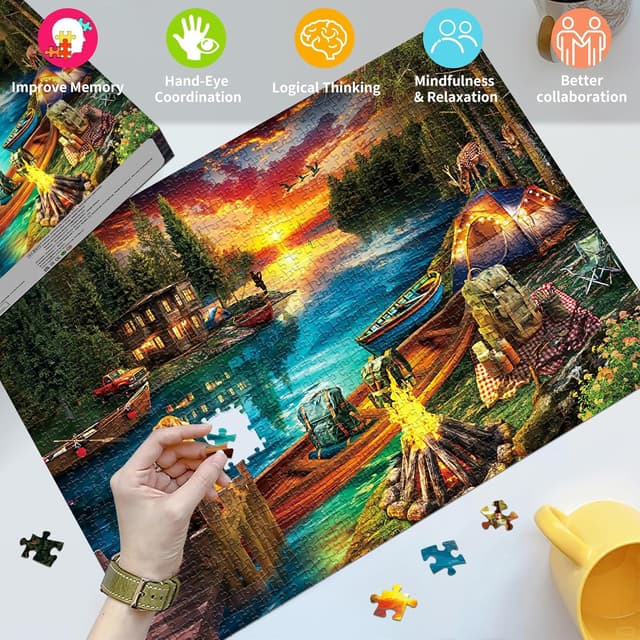 Detalle 2 de HUADADA 1000-Piece Jigsaw Puzzle for Adults – Wilderness Lakeside Camping Scene