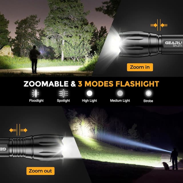Detalle de GEARLITE LED Torch Rechargeable 2-Pack (2000LM) – Zoomable, 3 Modes, IP65