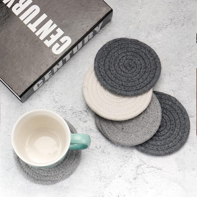 Detalle 2 de 6/8 Pcs Vintage Round Woven Coasters with Absorbent Cotton Rope (4.3 inch) – Boho table protection