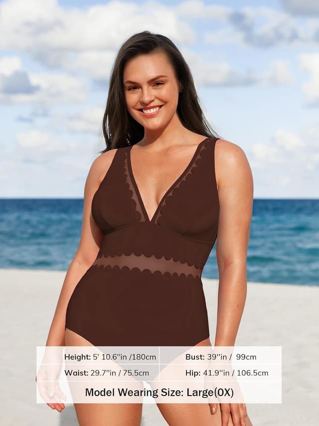 Detalle 2 de Costume da bagno intero donna Plus Size con scollo a V e rete smerlata, spalline regolabili