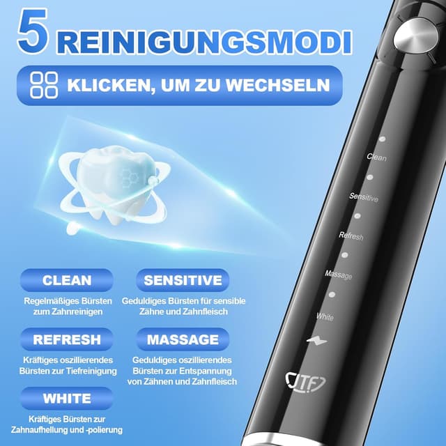 Detalle 2 de JTF elektrische Schallzahnbürste mit 6 Bürstenköpfen, 40.000 VPM, 5 Modi und Reiseetui (Schwarz)
