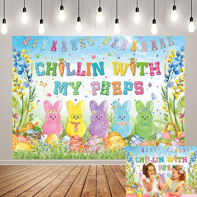 Detalle de Easter Bunny Backdrop Spring Bunny “Chillin with My Peeps” Vinyl Photoshoot Background (7x5FT)