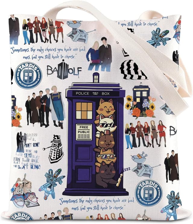 Detalle de BAUNA Dr TV Series Merchandise Tote Bag (Cats Doctors Police Box) – Whovian Cat In Space shoulder bag gift