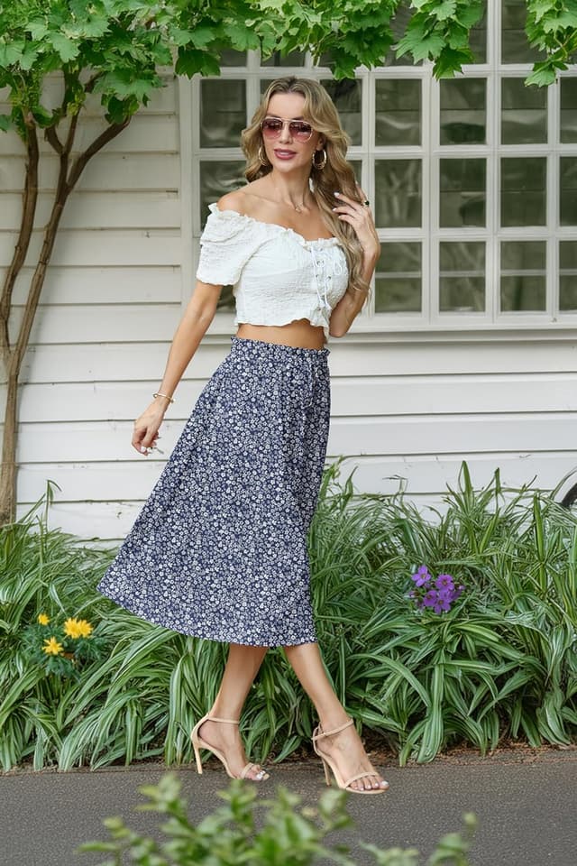 Detalle de GRECERELLE Damen Sommer-Midirock in A-Linie mit Taschen – leicht & fließend