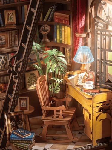 Detalle 2 de Rolife Book Nook Kit Silent Corner Study: casa miniatura 3D de madera con luces LED