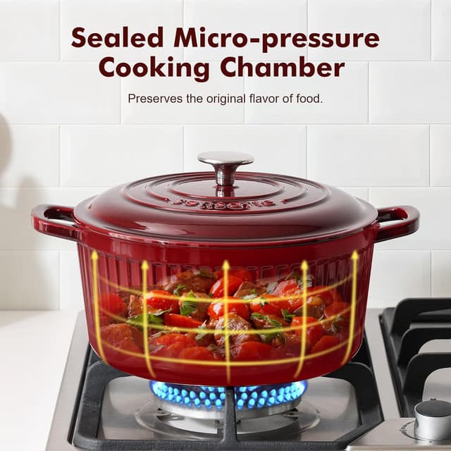 Detalle de SENSARTE Enameled Cast Iron Dutch Oven (5.5 Quart) Red with Lid, Dual Handles, Trivet & Cotton Potholders