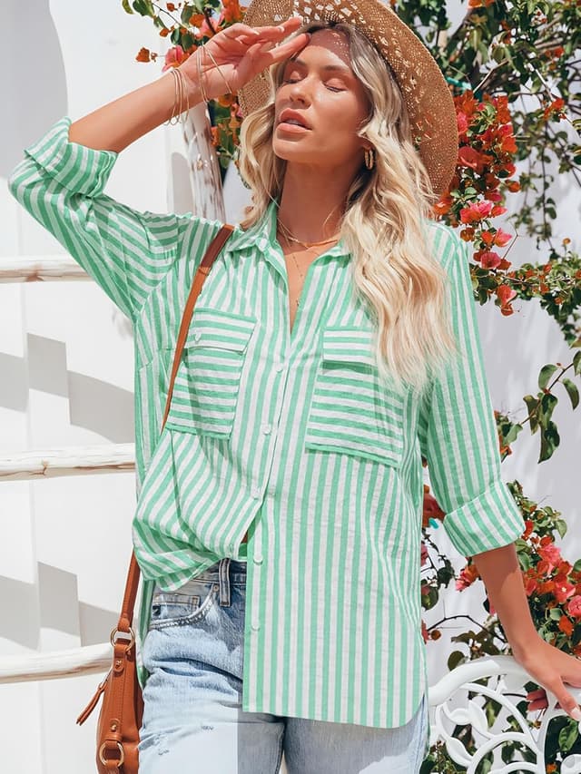 Detalle 2 de NONSAR chemisier à manches longues rayé en coton et rayonne pour femme, col en V boutonné