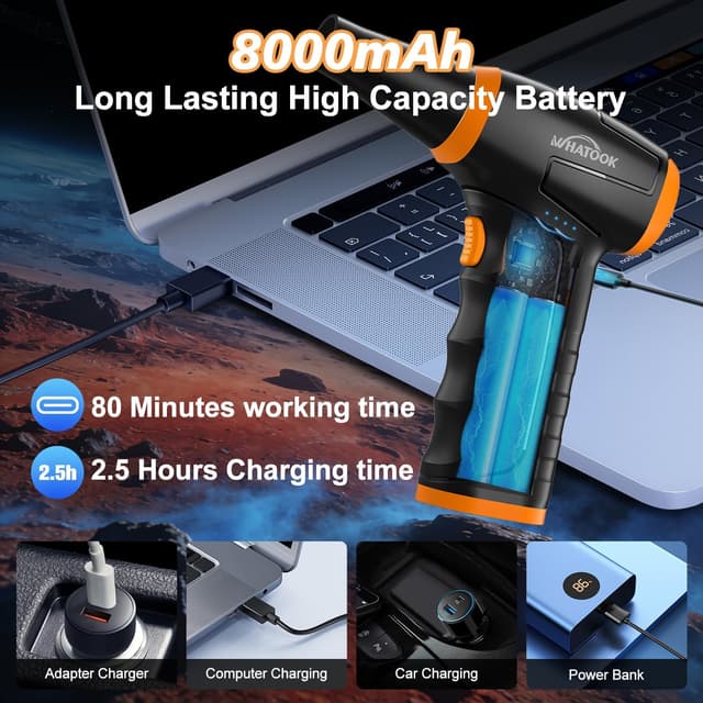 Detalle 2 de WHATOOK W12 mini soffiatore elettrico a aria compressa ricaricabile 3 velocità, LED e batteria 8000 mAh