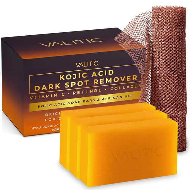 Detalle de VALITIC Kojic Acid Dark Spot Remover Soap Bar Bundle (Turmeric, Vitamin C, Retinol, Shea Butter) — 3 Pack with African Net