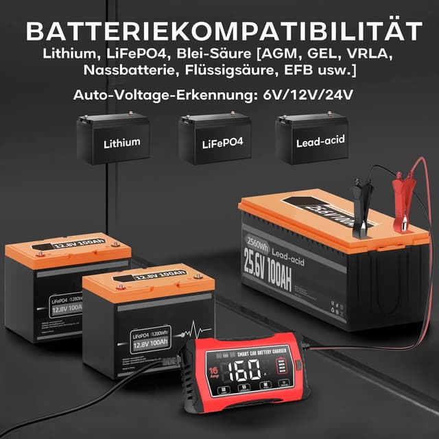 Detalle 2 de Haisito 16A Autobatterieladegerät für 6V/12V/24V mit LCD – Erhaltungsladung & Entsulfatierung für AGM, LiFePO4 und Blei-Säure