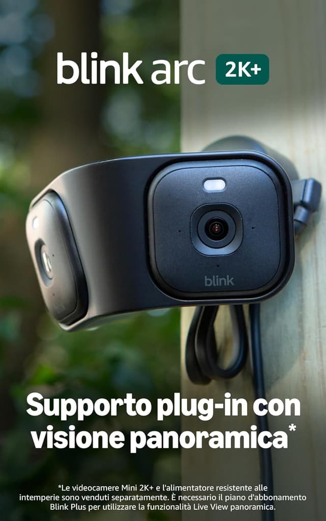 Detalle de Blink Arc (ultimo modello) con supporto plug-in e visione panoramica 180° per 2 videocamere Mini 2K+ | Kit completo nero
