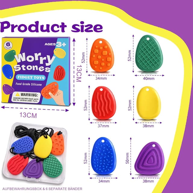 Detalle 2 de Fidget Toys Sensory Stones (6 Stück) – Silikon-Sensorik-Spielzeug mit Schnur zum Aufhängen