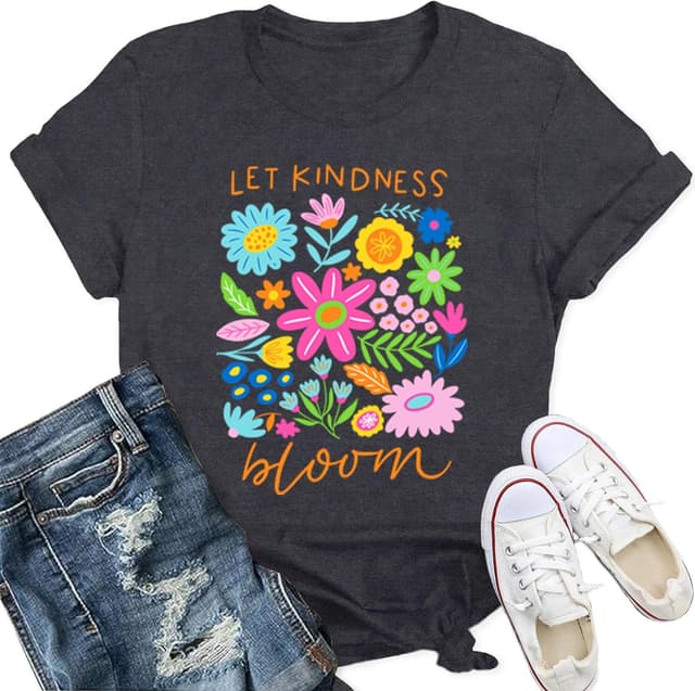 Detalle de Qskall Women’s “Flora Be Kind” T-shirt – Let Kindness Bloom inspirational floral tee