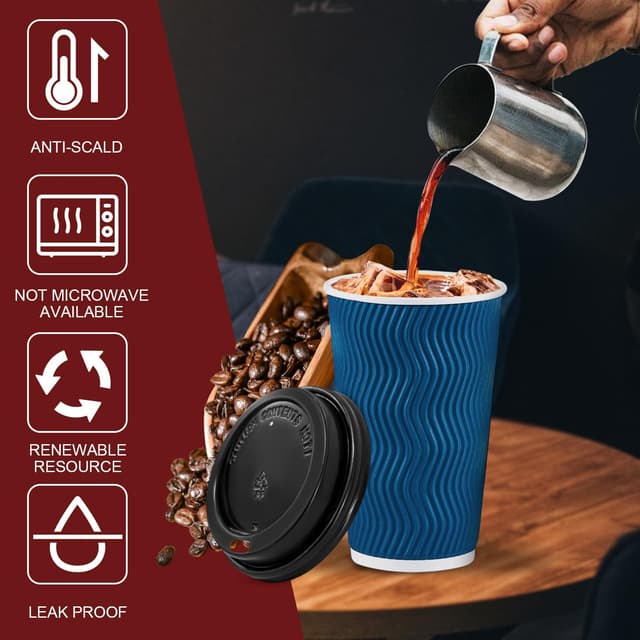 Detalle de Lamosi 16 oz Disposable Coffee Cups with Lids (50-Pack) — paper insulated hot drink cups