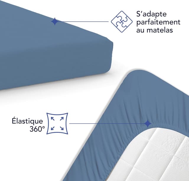 Detalle de Dreamzie Drap housse 160 x 200 en coton jersey extensible avec bonnet 30 cm (Oeko-Tex) – Bleu