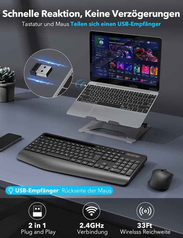 Thumbnail 3 de Kabellos Tastatur Maus Set 2,4 GHz Ergonomisch