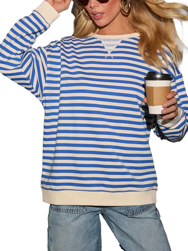 Detalle de Dressmine striped cotton-blend long sleeve sweatshirt top for women (crew neck)