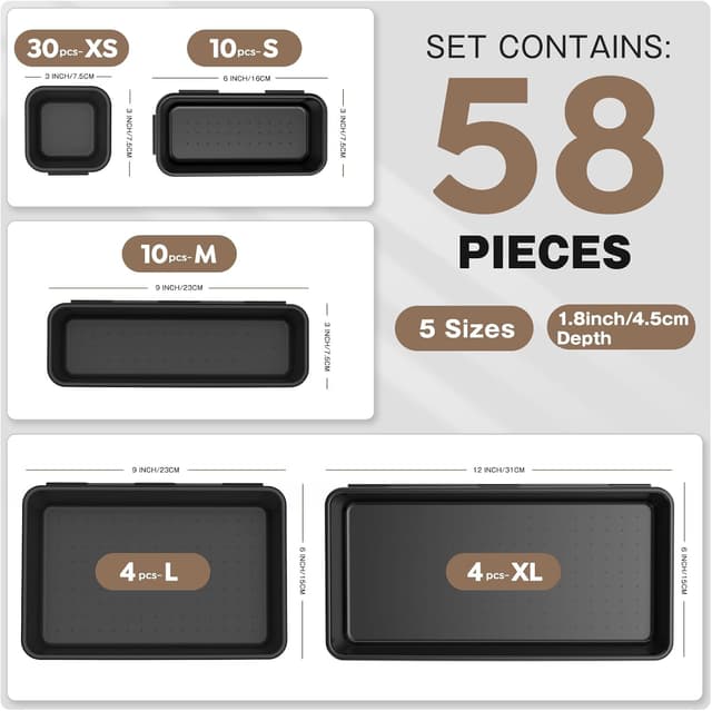 Detalle de A-LuGei 58pc Tool Box Organiser Tray Divider Set (5 Sizes) – Black drawer organisers
