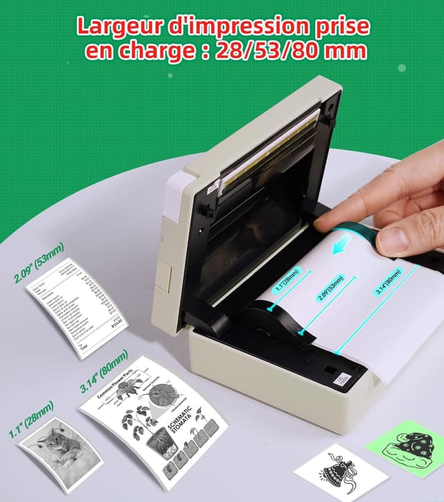 Detalle de ORGBRO Mini Imprimante X3 thermique Bluetooth portable (papier thermique inclus) vert olive