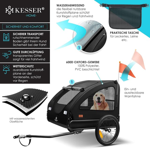 Detalle de KESSER Hundeanhänger Boxer 2-in-1 als Hundebuggy & Fahrradanhänger (groß, ca. 250 l) bis 45 kg