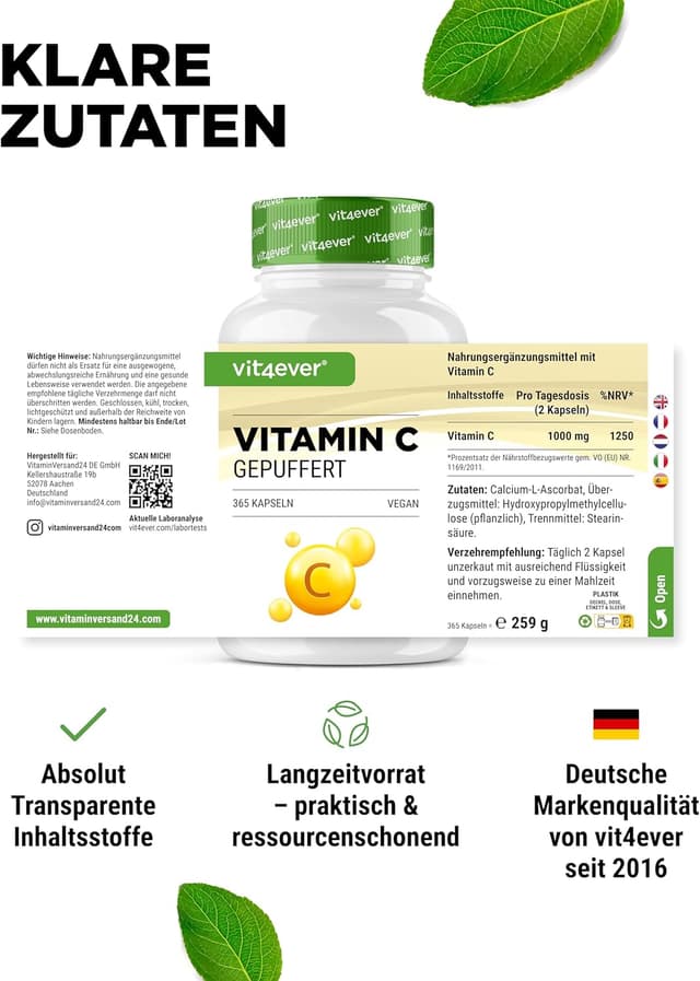 Detalle de vit4ever Vitamin C gepuffert 1000 mg (pH-neutral, säurefrei) – 365 vegane Kapseln