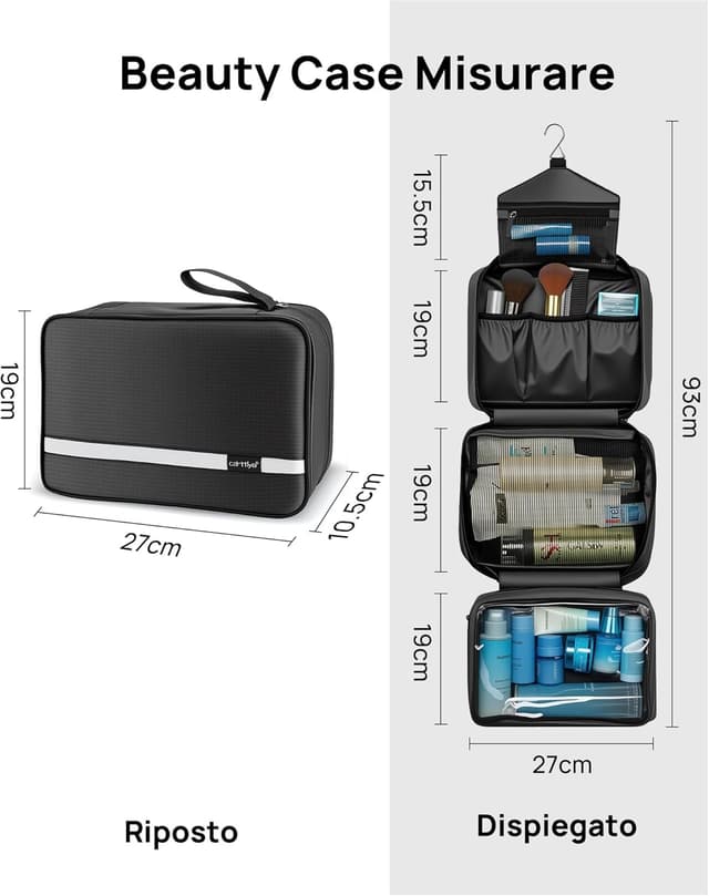 Detalle 2 de Carttiya Beauty Case da Viaggio grande impermeabile con gancio in metallo (Nero)