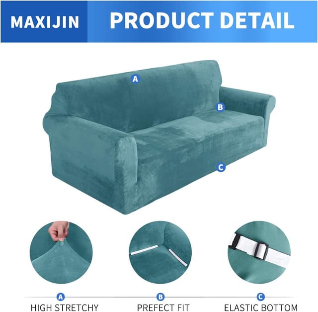 Detalle de MAXIJIN Housse de canapé en velours épais super extensible 3 places – protection anti-taches et anti-dérapante (bleu paon)