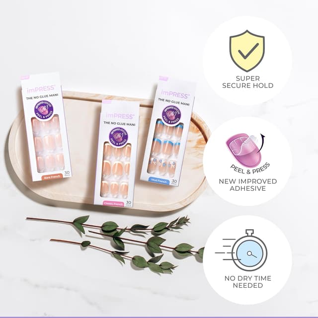 Detalle de KISS imPRESS No Glue Mani Press On Nails (French, Model) in White, Short Squoval—Includes 30 Nails