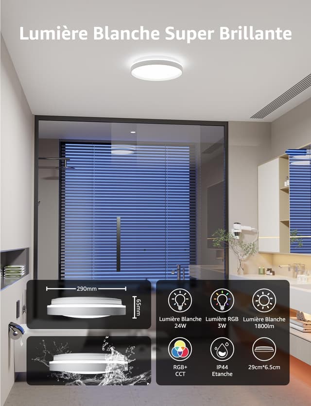 Detalle de Lepro T1 IA plafonnier LED connecté Wi‑Fi/Bluetooth 24W, IP44, RGB+CCT (φ29 cm)