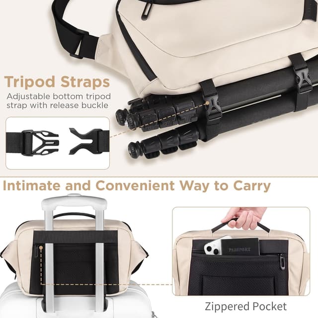 Detalle 2 de TAAOKA Kameratasche wasserdicht mit Stativhalterung (Beige) – Crossbody für DSLR/SLR/Spiegellose