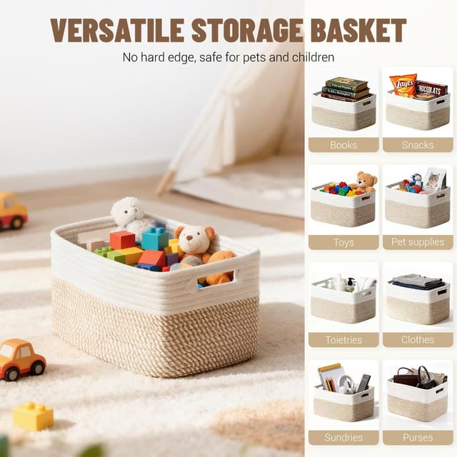 Detalle de Yilobi 5-Pack Woven Cotton Rope Storage Baskets (Khaki & White) for Shelves