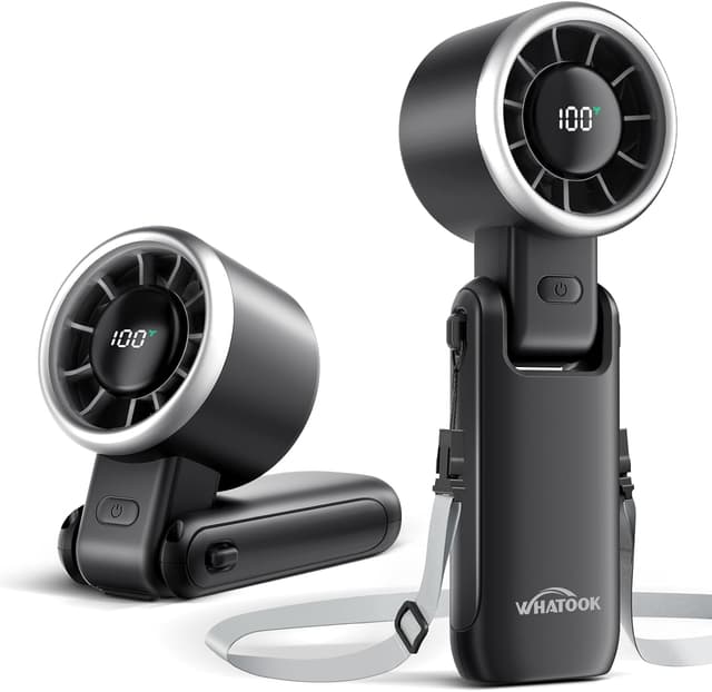 Detalle de WHATOOK Handheld Rechargeable Fan (5-speed, LED display, foldable desk/hand design)