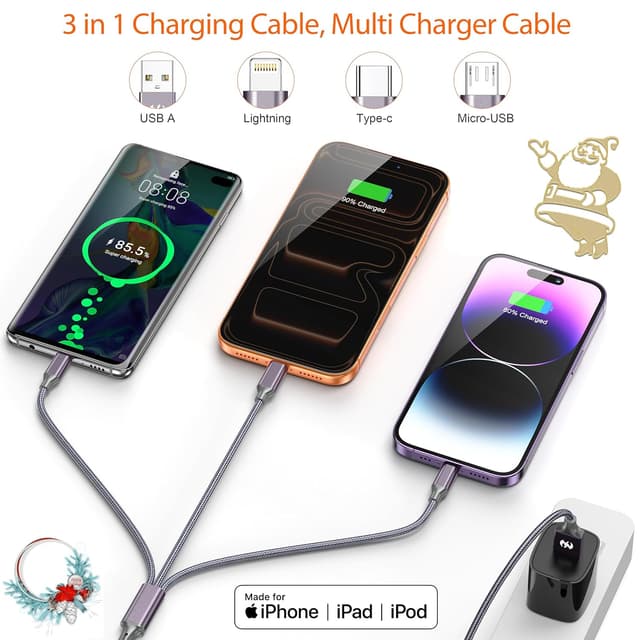 Detalle de Multi Charging Cable (10ft 2-Pack) – 3-in-1 USB Charger Cord for Type-C, Micro USB, and Lightning Devices